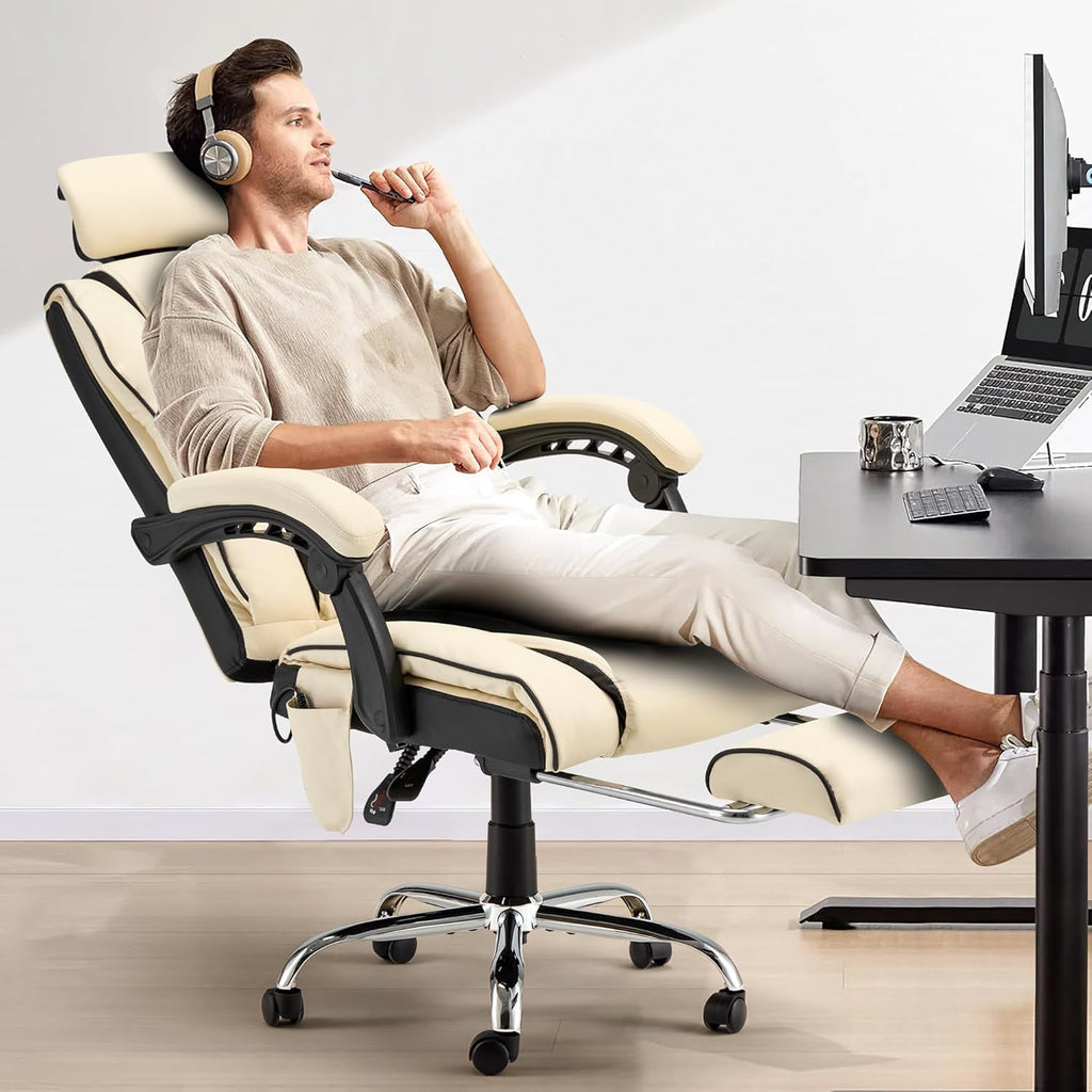 Homrest Heated Massage Executive Office Chair with Footrest,beige, White