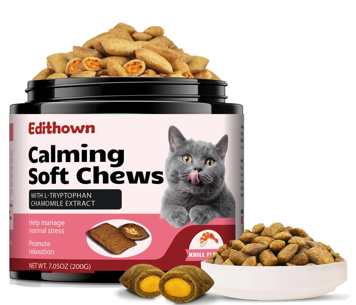 Cat Calming Treats,500 Crunchy Creamy Cat Chews,Melatonin for Storms, Travel, Separation - Krill Flavor