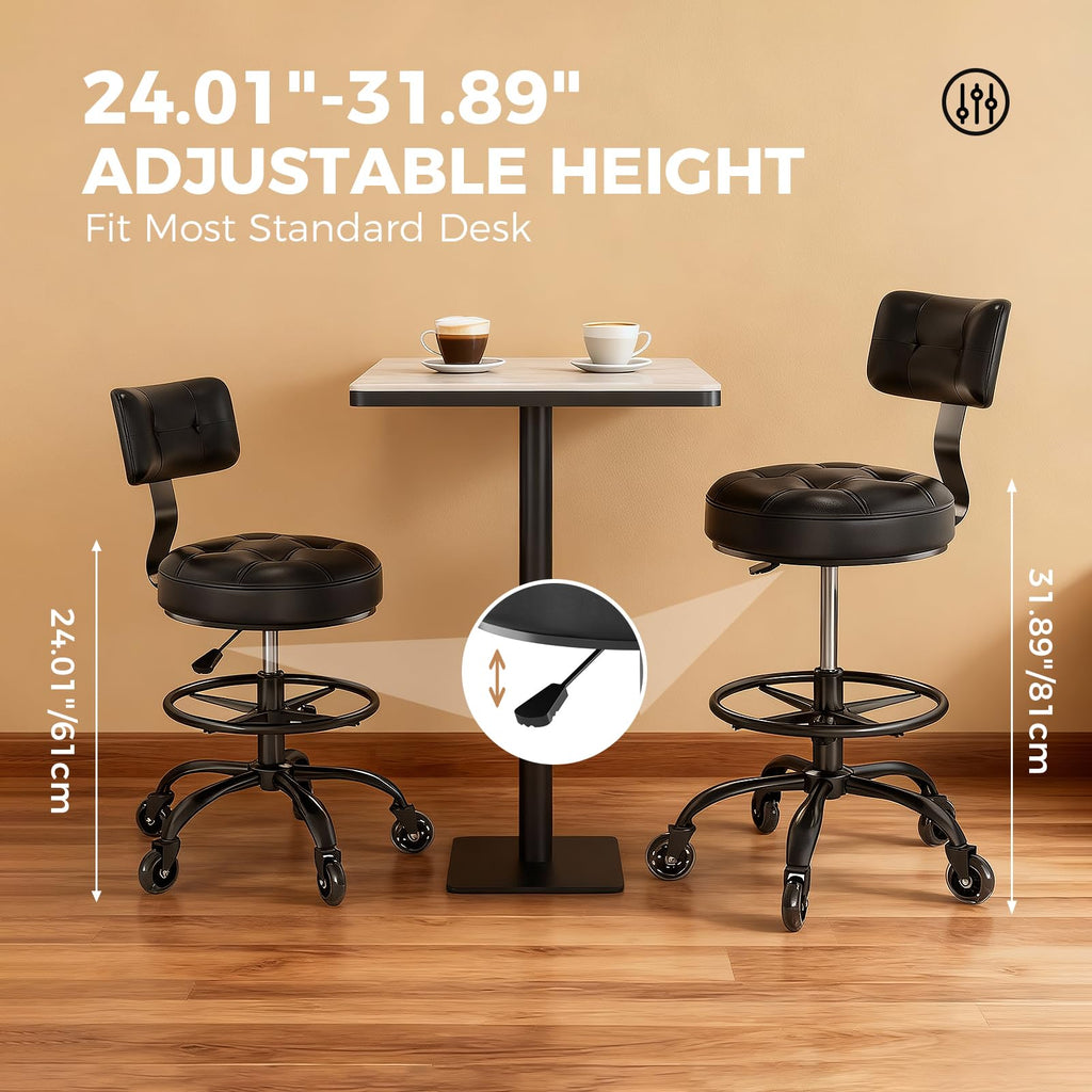 Freekyrock Office Drafting Chair with Footrest, Tall Height Adjustable Stool with Back Support, Heavy Duty Rolling Stool Chair with Wheels for