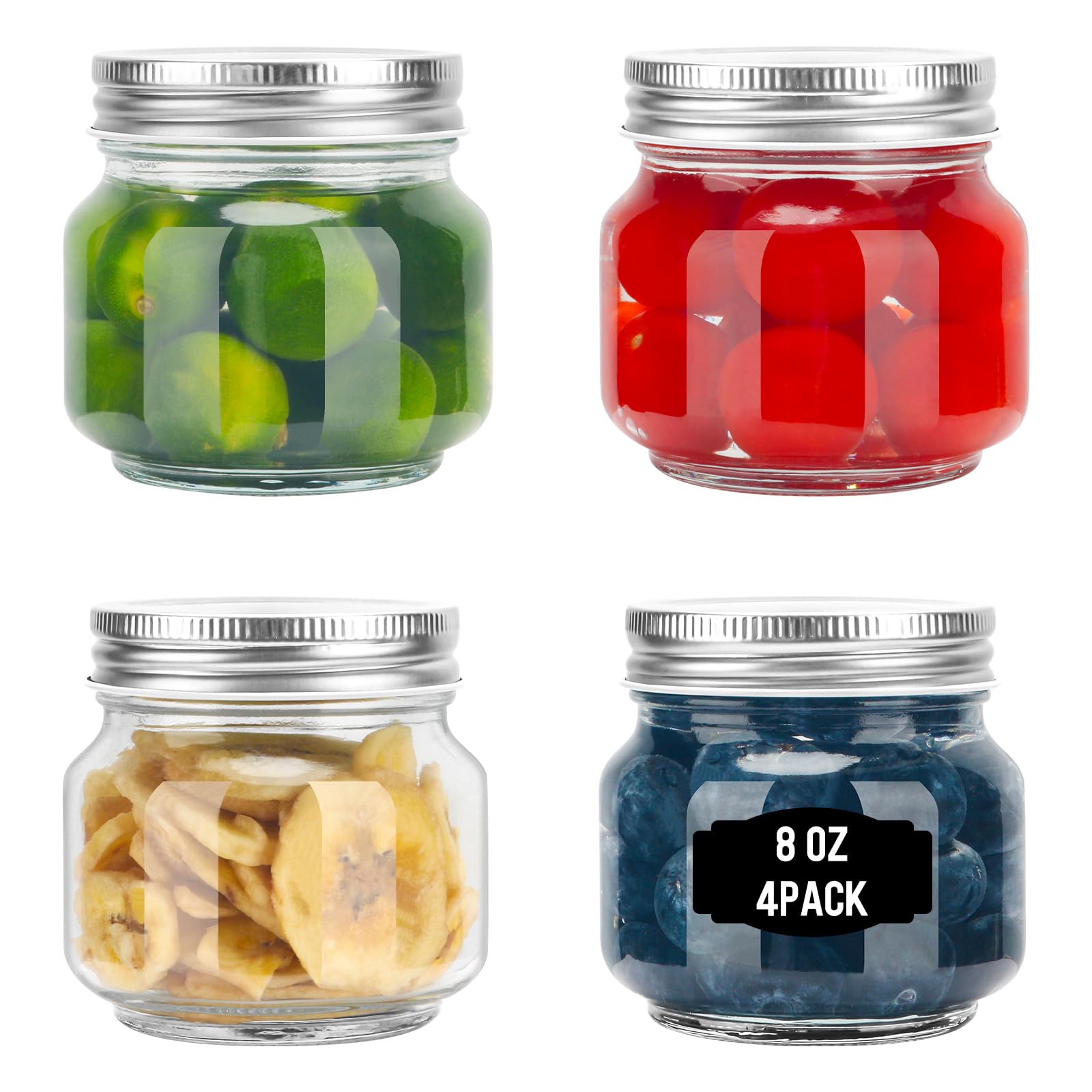 Glass Mason Jars, 4 Pack 8oz Clear Small Canning Jars with Lids for Sealing, Ideal for Food Storage, Snacks, Candies, Jam, Honey, Wedding Favors, Premium Spices & Bathroom Vanity Decor