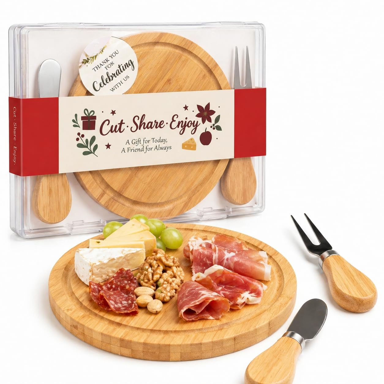 Upgraded storage-ready Small Cheese Board Set & Dessert Plate with Knife & Fork, 1-Pack 6-Inch Personal Charcuterie Tray, Bamboo, Gift-ready for Wedding, Bridal & Baby Shower Party