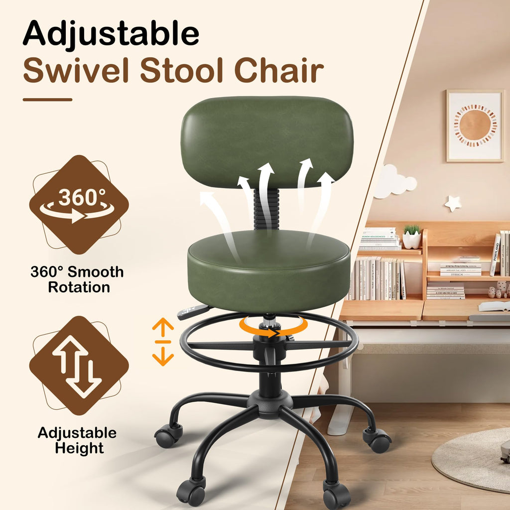 Anunweldo Drafting Chair with Back Support, Adjustable Foot Rest Rolling Stool, 360° Swivel Office Desk Chair with Wheels, Thick Seat Cushion
