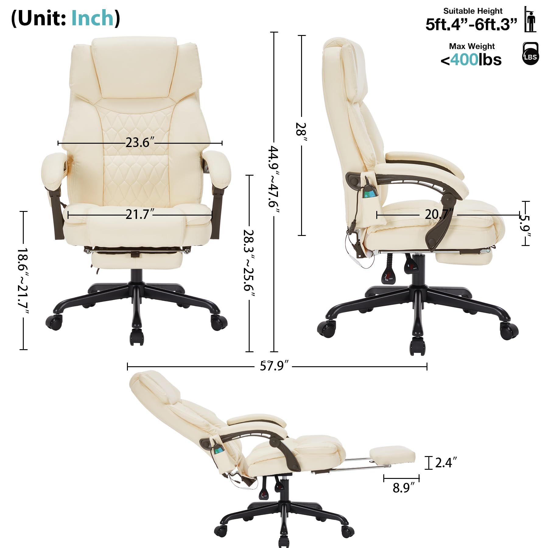 Massage Office Chair with Foot Rest 6 Points Vibration and Heat Home Office Desk Chairs for Heavy People 400lbs Reclining Managerial Chairs