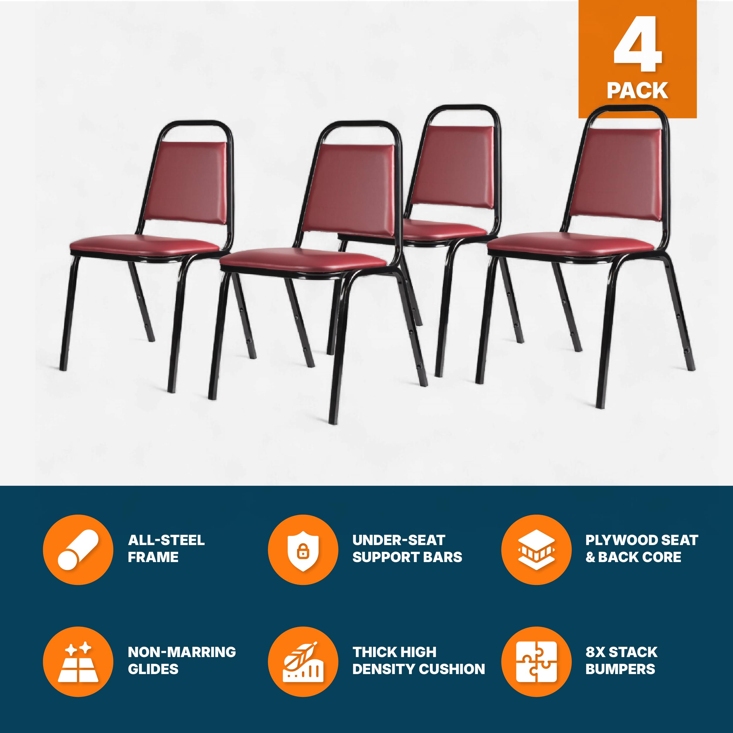 Oef Furnishings Oef9108-b/4 Banquet Chairs Premium Commercial Seating (4 Pack, Vinyl, Burgundy, Black Frame), 32"H x 17.5W x 22"D