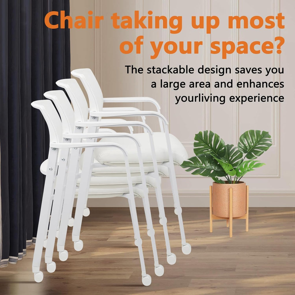 Clatina Stacking Office Chairs with Wheels | Mesh Back, Thicken Leather Seat and Streamline Armrests, Ergonomic Lumber Support | School, Desk,