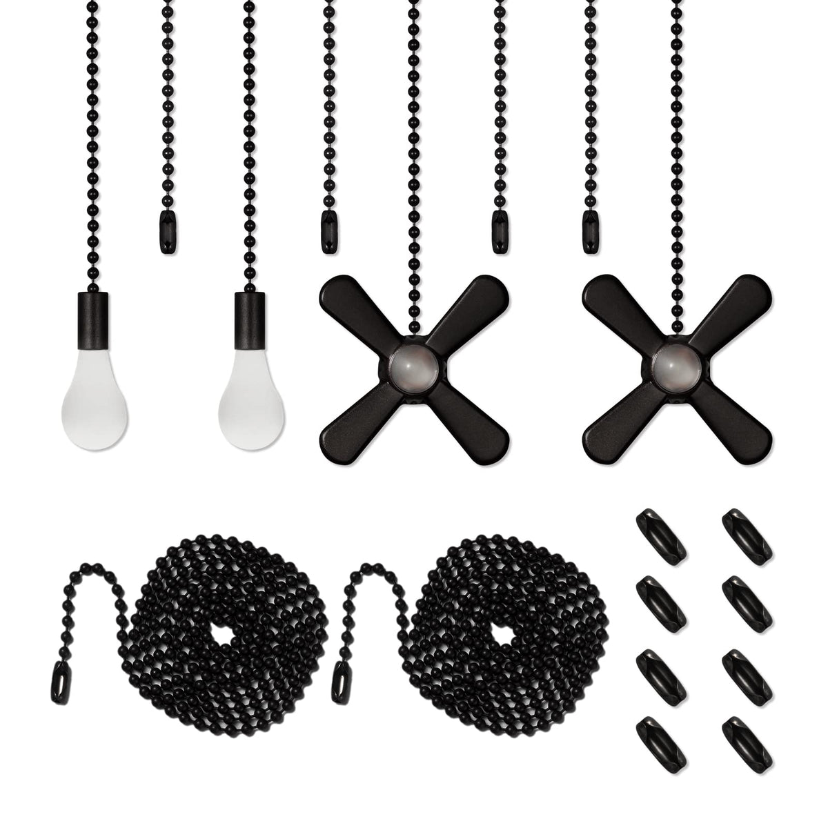 Ceiling Fan Pull Chain Set 4pcs 3mm Diameter Beaded Ball 12 inches Pendant Decorative 2Pcs 36 inches Extension, Extra 8Pcs Pull Loop Connectors(Matte Black)