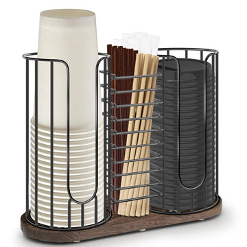 Tanggiteck 3-Compartment 18oz Coffee Cup Dispenser Rack with Wood Base, Disposable Cup, and Lid Organizer for Countertop - Perfect for Paper Cups, Straws, and Kitchen Cabinet Storage