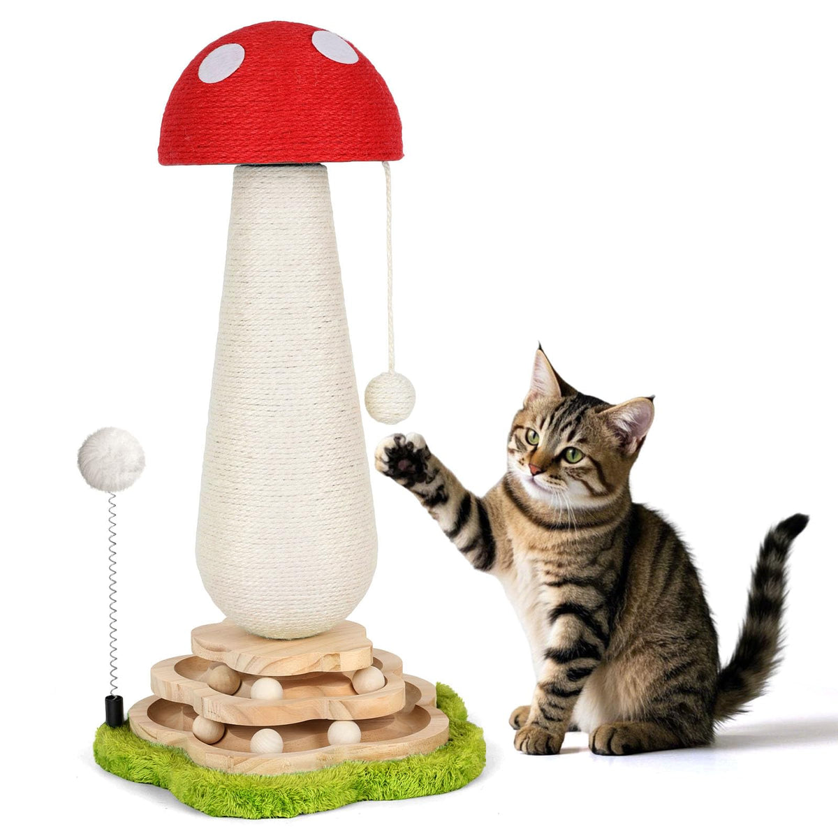 Mushroom Cat Scratching Post Cat Tree, Cute Cat Scratcher Tower with Interactive Ball Two-Layer Track Spring Ball Toys, Mushroom Scratch Post Cat Sisal Scratcher with Catnip for Indoor Cats