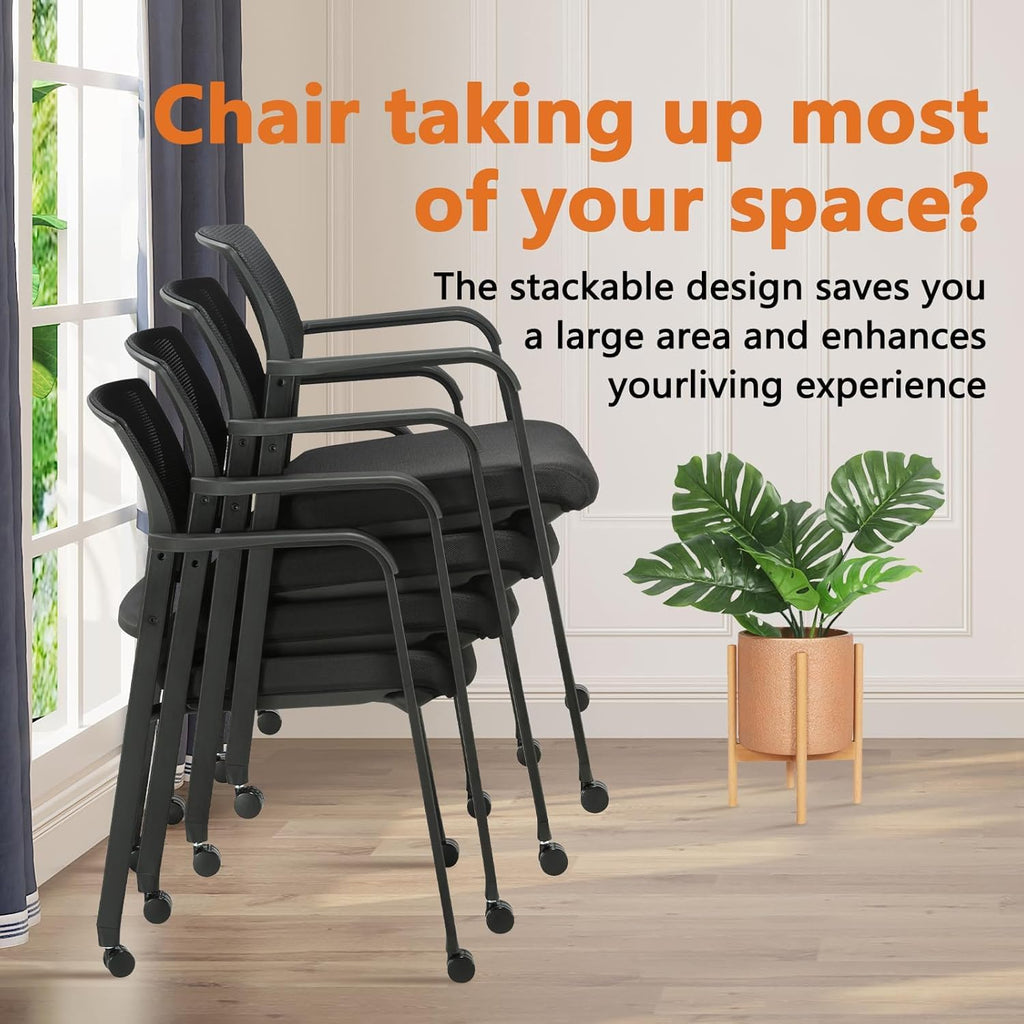 Clatina Mesh Back Guest Reception Arm Chairs with Wheels, Waiting Room Chairs with Upholstered Fabric Seat and Ergonomic Lumbar Support for