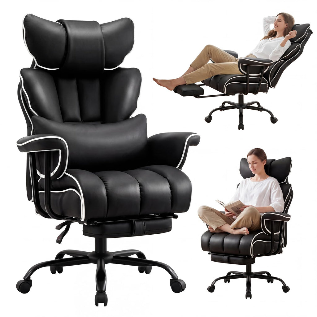 Furniliving Big and Tall Executive Office Chair- Ergonomic, Reclining Desk Chair with Footrest Lumbar Pillow, Height Adjustable Back Leather
