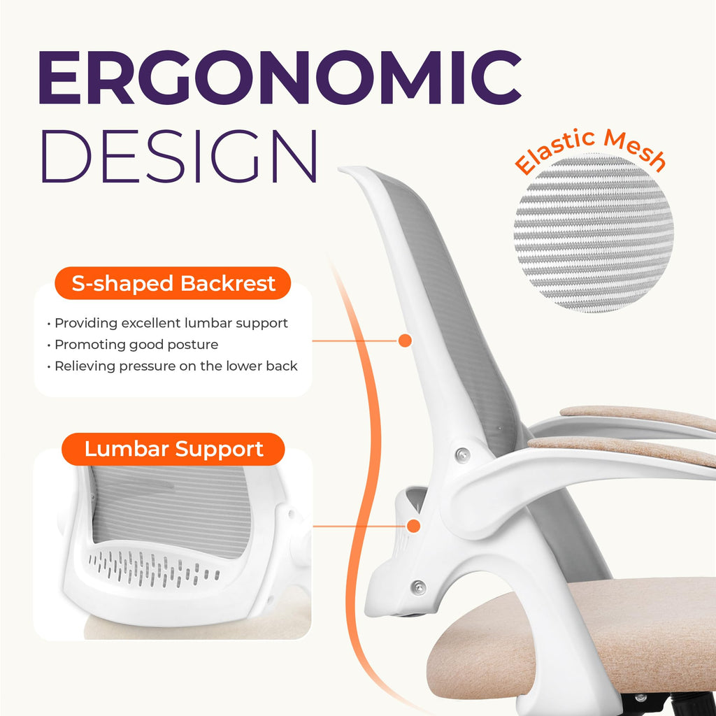 Neo Chair Office Desk Chair, Ergonomic Mesh with Flip-up Armrests, Beige, Mesh Chair