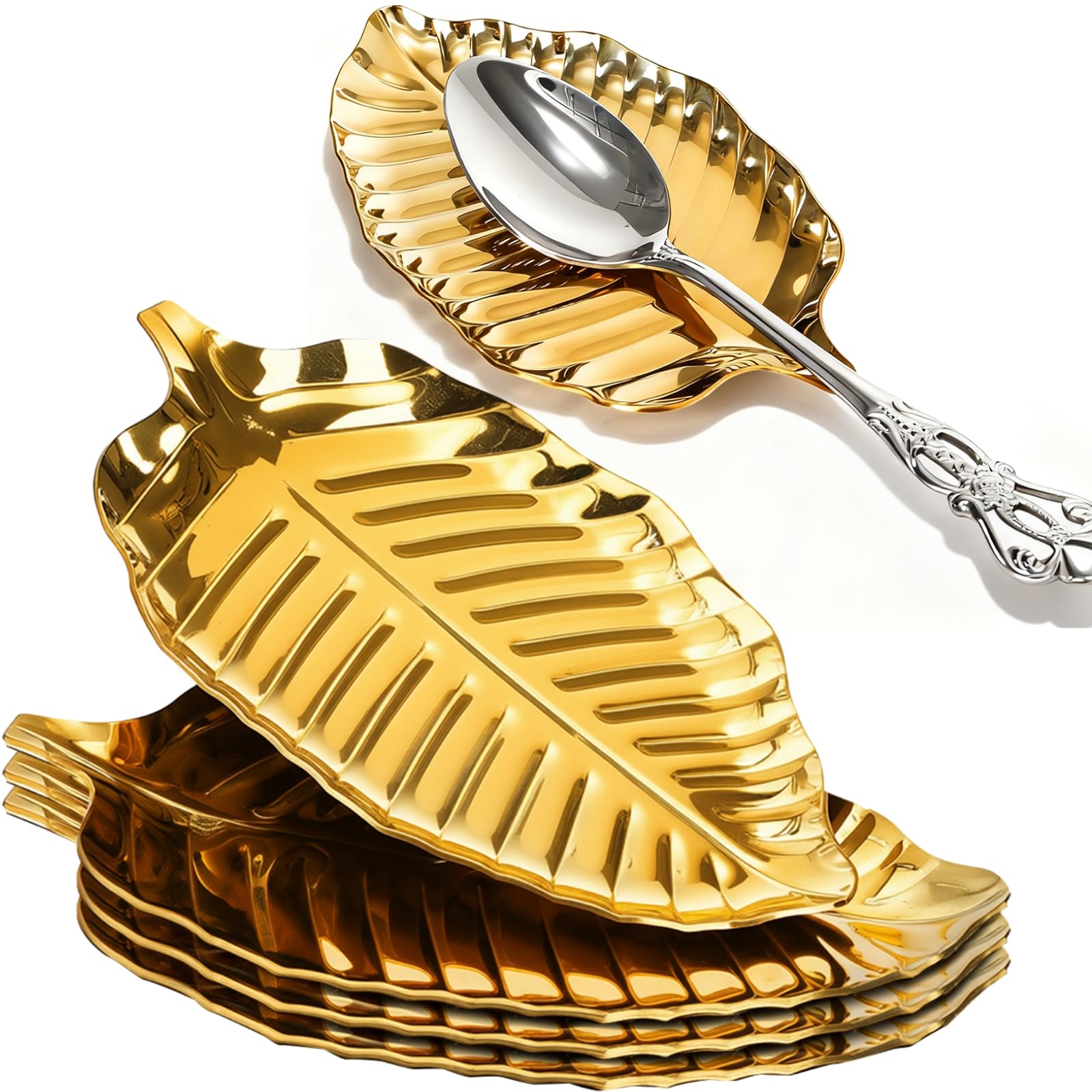 4 Pack Gold Leaf Spoon Rest, 6.7" Stainless Steel Coffee Spoon Holder for Stove Top, Heat Resistant Cooking Utensil Rest, Spatula Ladle Holder for Kitchen Décor Counter, Dishwasher Safe