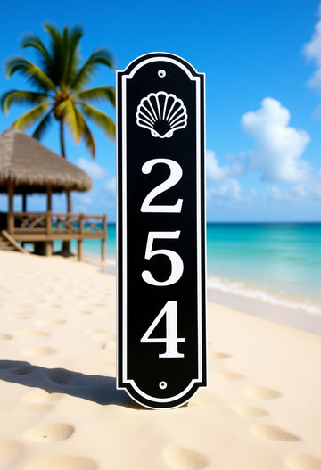 Vertical House number sign with shell design - Carved and Painted Address Plaque, street number, Outdoor, Weatherproof, Durable, Beach, Coastal, Mailbox, post, column