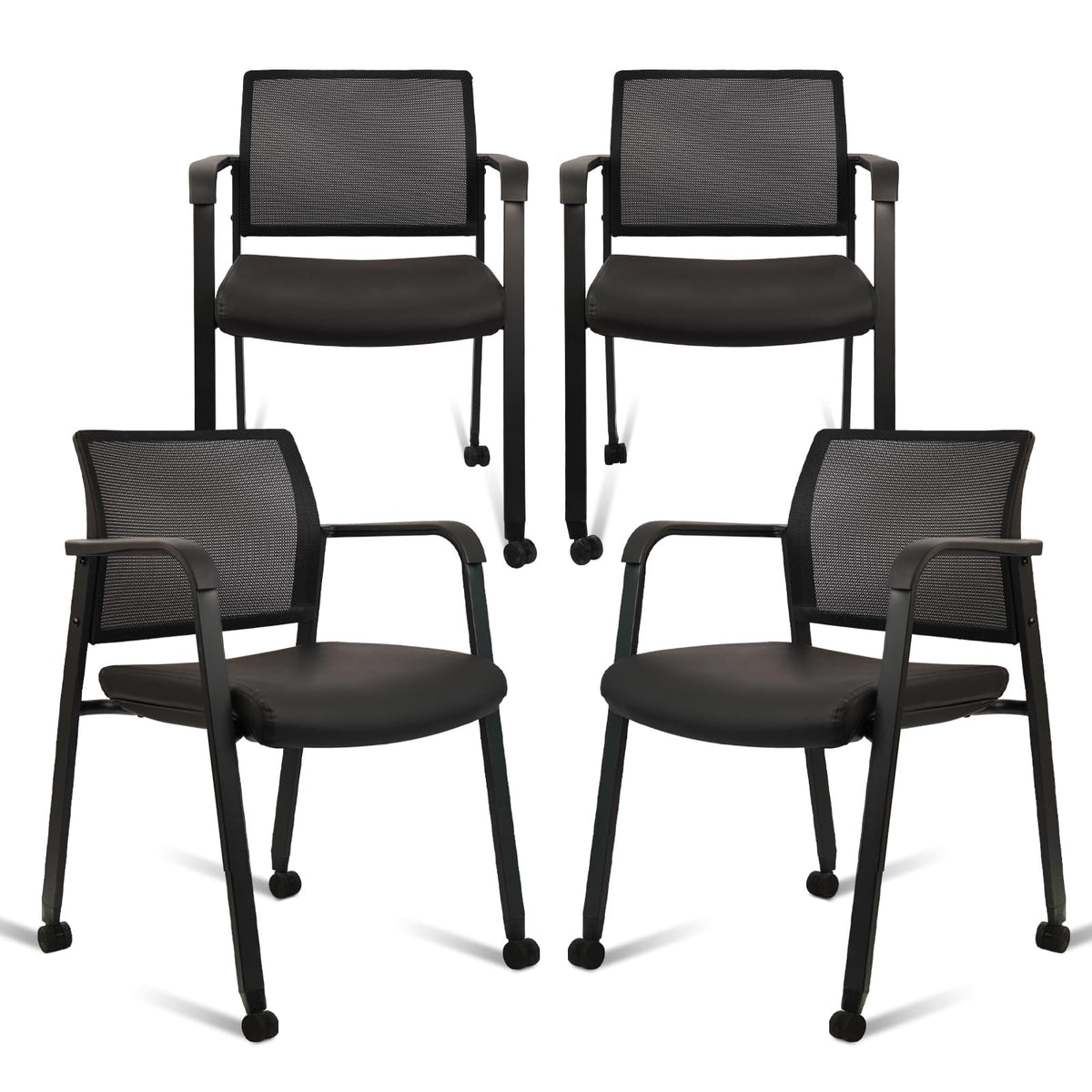 Clatina Stacking Office Chair with Wheels, Mesh Back Waiting Room Guest Chairs with Arms Comfortable Leather Cushion Stackable Desk Chair for