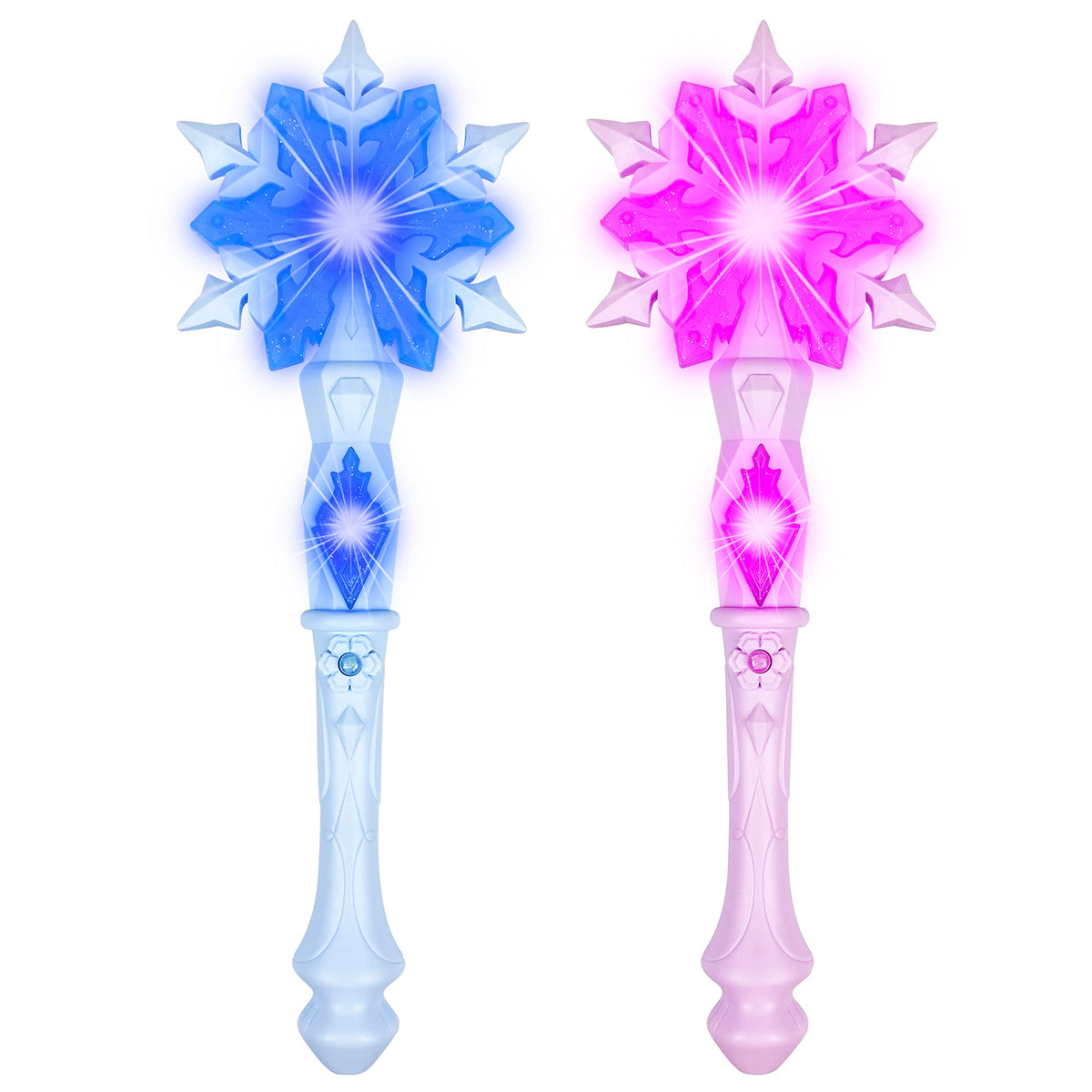 KingGlee Light Up Frozen Snowflake Wand with Sound(Motion Sensitive) Magic Toy for Kids Girls Princess Party Favors Costume Cosplay Accessories 2 Pieces Blue & Pink