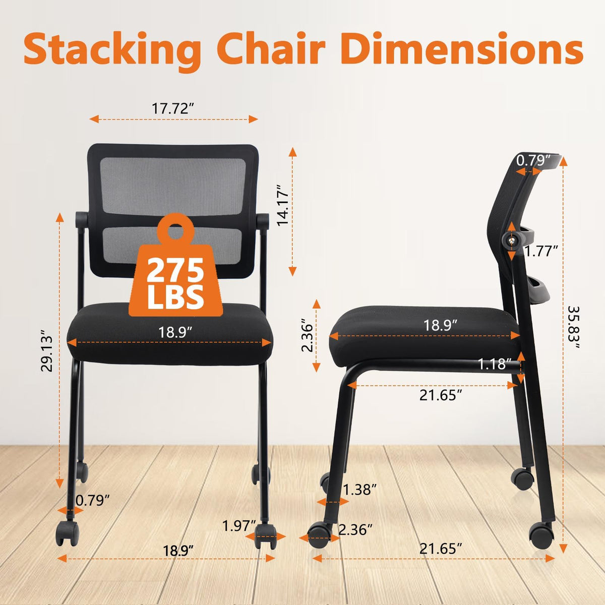 Clatina Stacking Chairs 8 Pk, Adjustable Backrest Stackable Mesh Office Waiting Room Armless Chair with Wheels for Guest Reception Conference