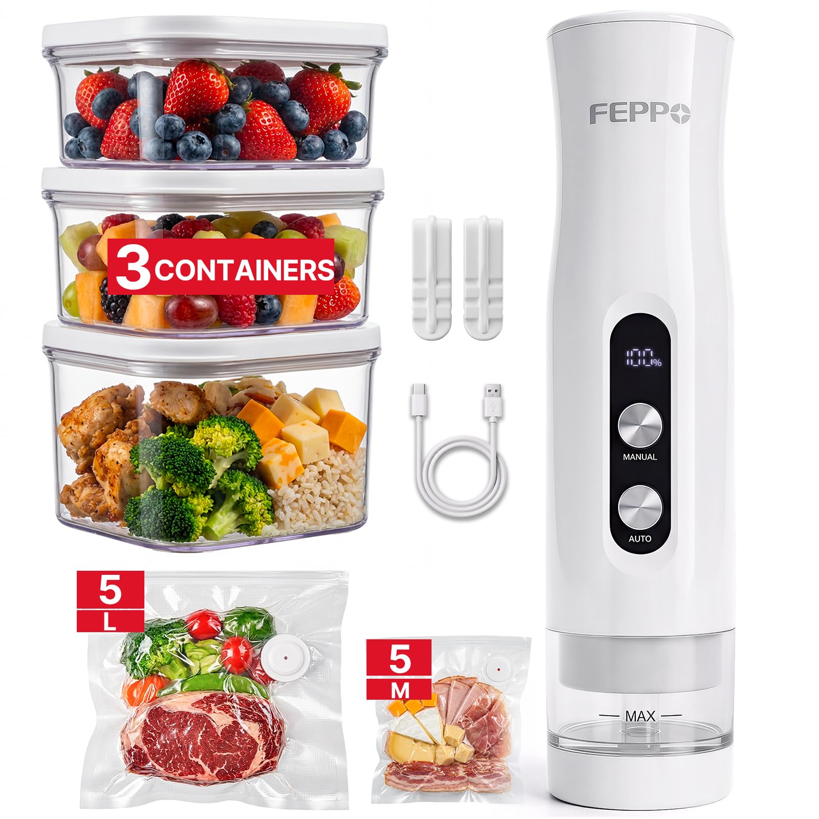 FEPPO Compact Vacuum Sealer for Food (Vacuum Sealer Machine + 3 Containers + 10 Reusable Bags), Anti-Overflow Powerful Portable Handheld Food Sealer, Auto & Manual Modes, Travel Lock, Easy-Clean