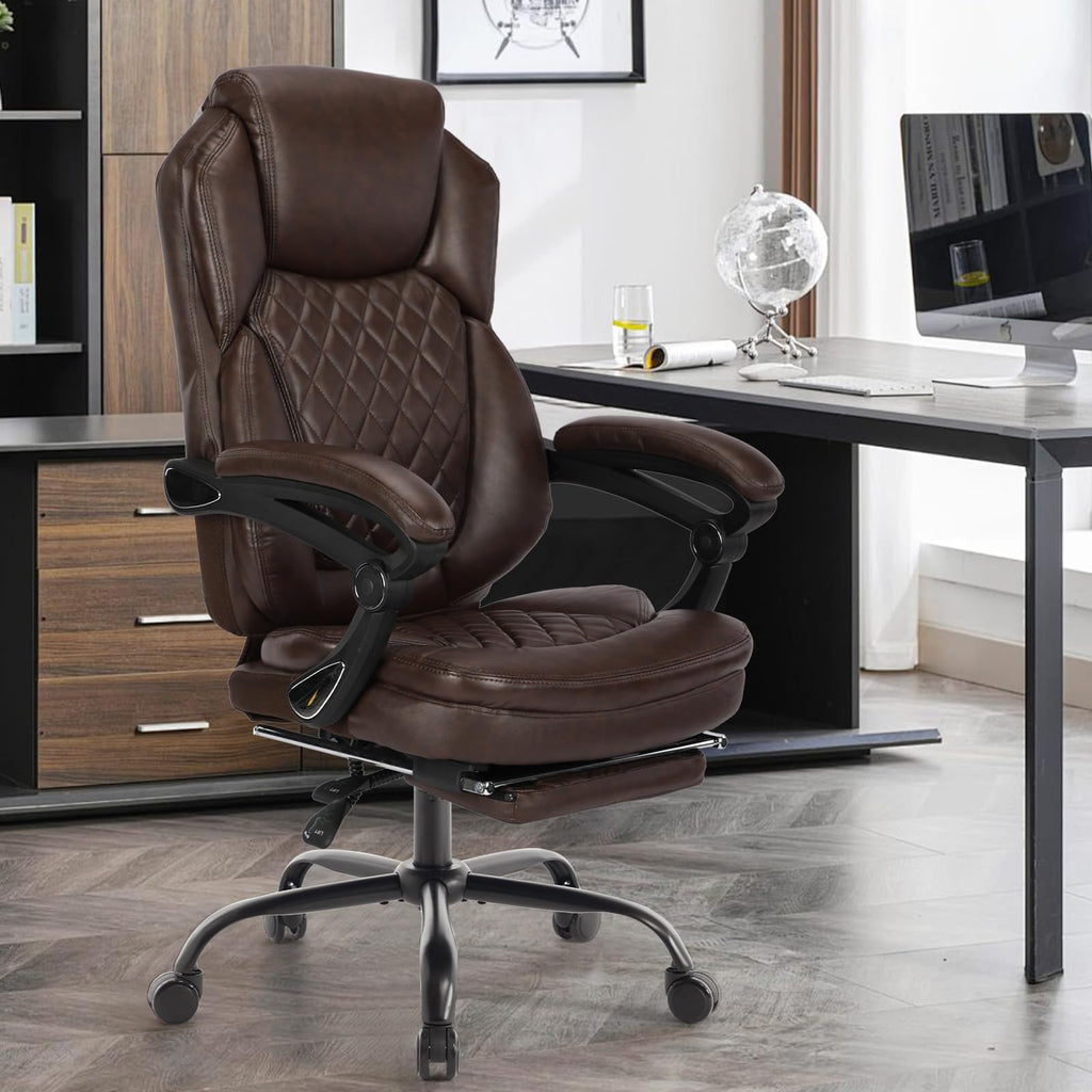 Linting Plus Size Leather Recliner Office Desk Chair with Foot Rest Brown, Large(400lbs), Dark Brown