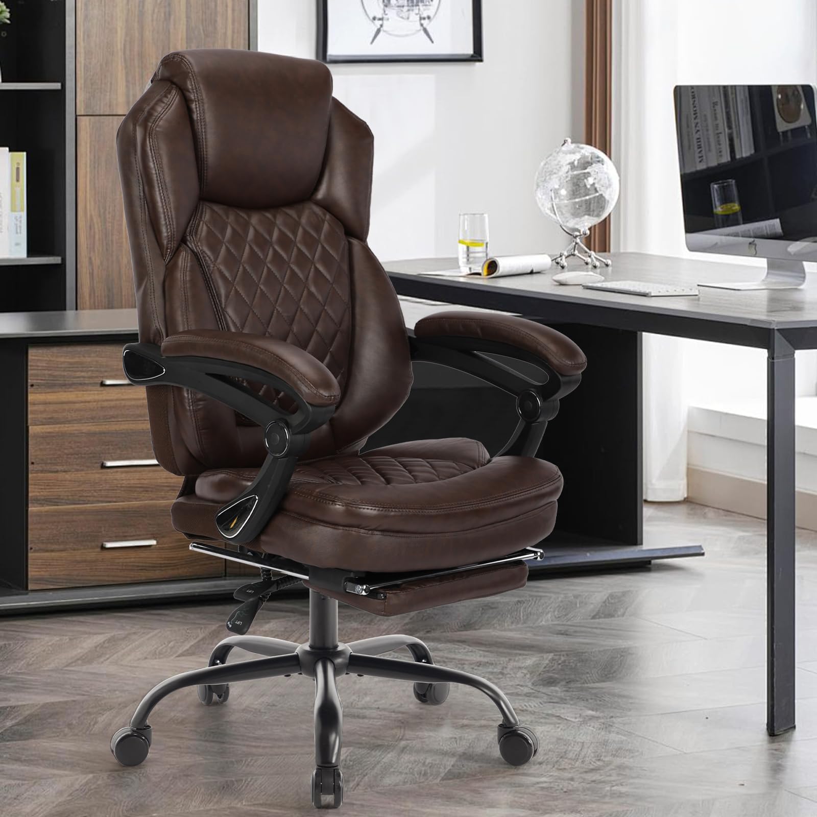 Linting Plus Size Leather Recliner Office Desk Chair with Foot Rest Brown, Large(400lbs), Dark Brown
