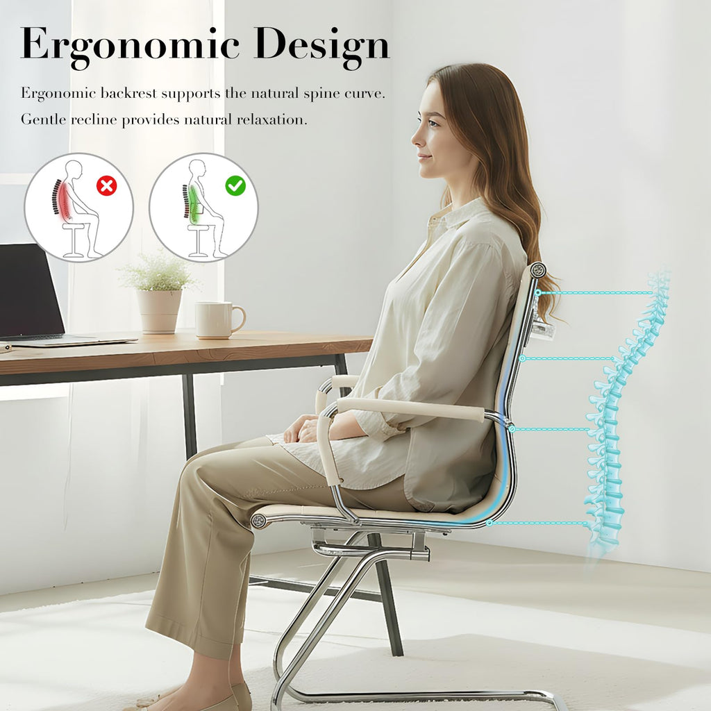 Cimota Waiting Room Chairs Leather Office Guest Chair Mid Back Reception Chairs with Sled Base for Meeting/patient/conference Room, White Set