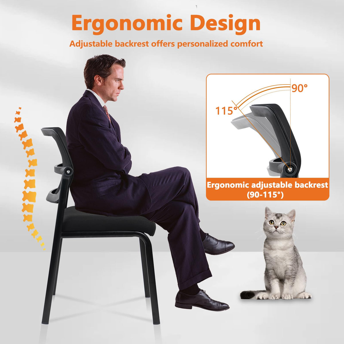 Clatina Stacking Armless Office Waiting Room Chair with Adjustable Backrest, Stackable Mesh Guest Reception Desk Chairs with Ergonomic Lumbar