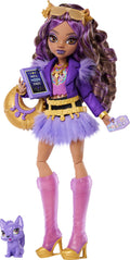 Monster High Doll, Clawdeen Wolf in Purple Moto Jacket and Furry Skirt with Pet Wolf Pup Crescent and 7 Accessories Like Book, Croissant and Purse