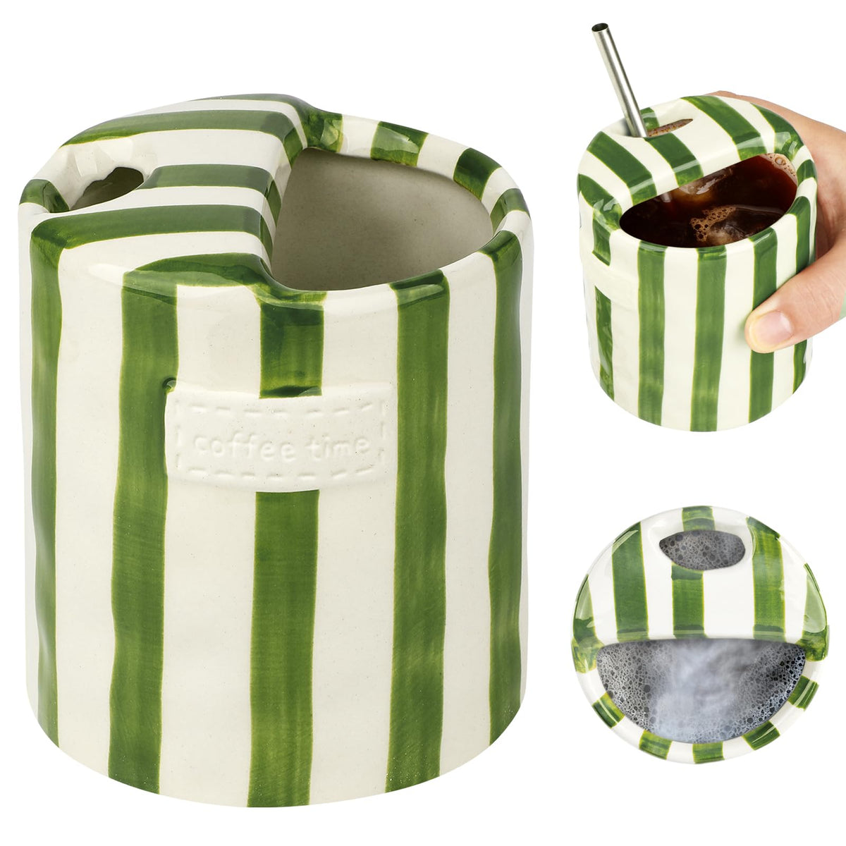 Novelty Ceramic Coffee Mug Designed to Look Like a Gift Box, 10oz Retro Hand-Painted Ceramic Travel Mug, Green & White Striped Design, Microwave & Dishwasher Safe, Perfect Present for Coffee Lovers