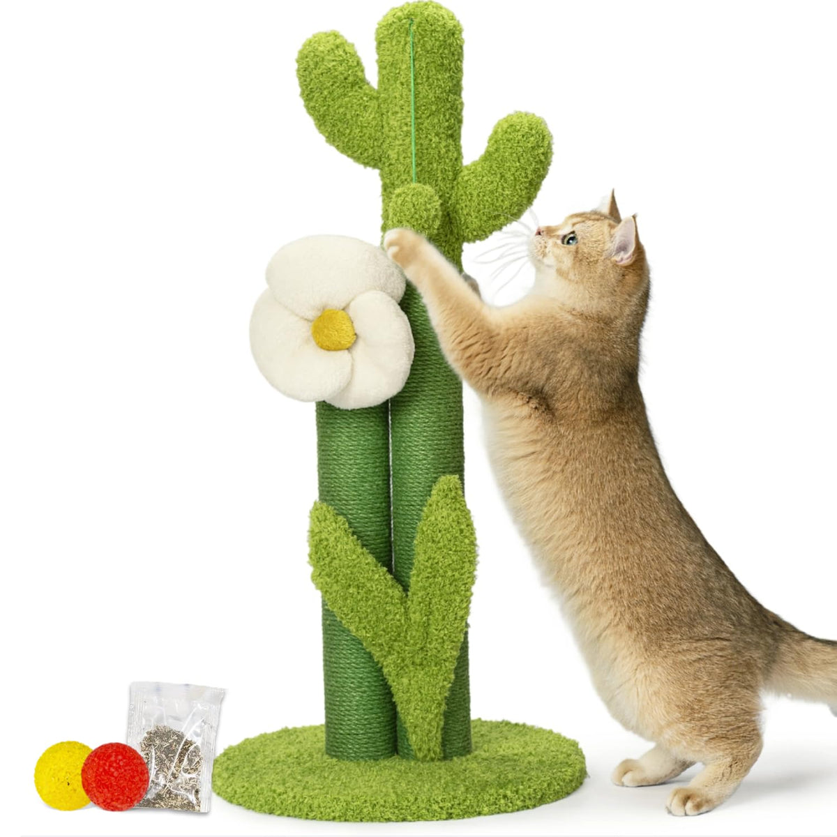 Happi N Pets 33" Tall Cactus Cat Scratching Post for Large Cats, Heavy Duty Double Scratch Posts with Flower & Crinkle Leaves, Cactus Cat Tree with 2 Bonus Toy & Catnip, Green Stable Scratching Post
