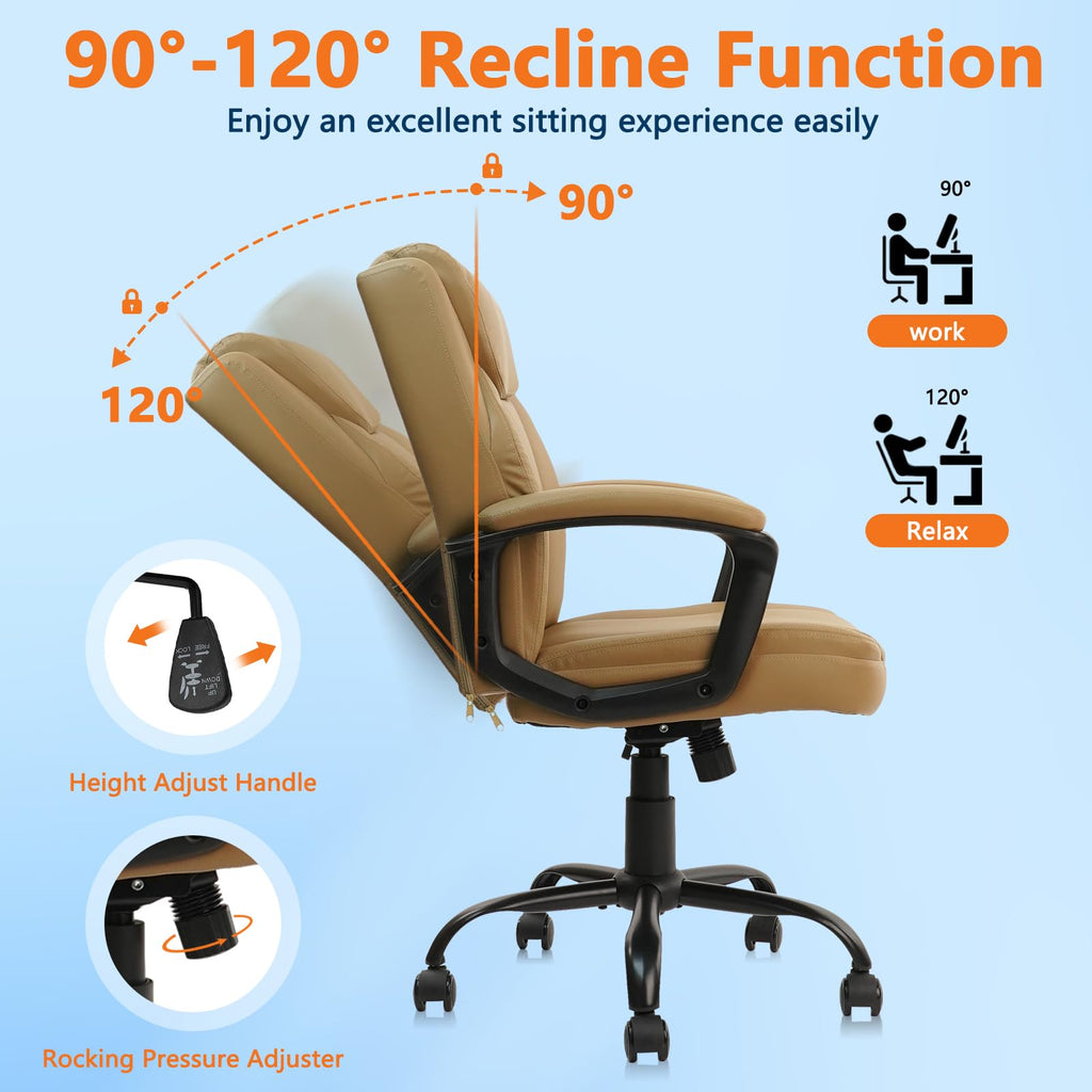 Clatina Brown Office Computer Chair Pu Leather Executive Swivel Adjustable Height Chairs with Upholstery Fixed Armrest Mid-back Leather Thick