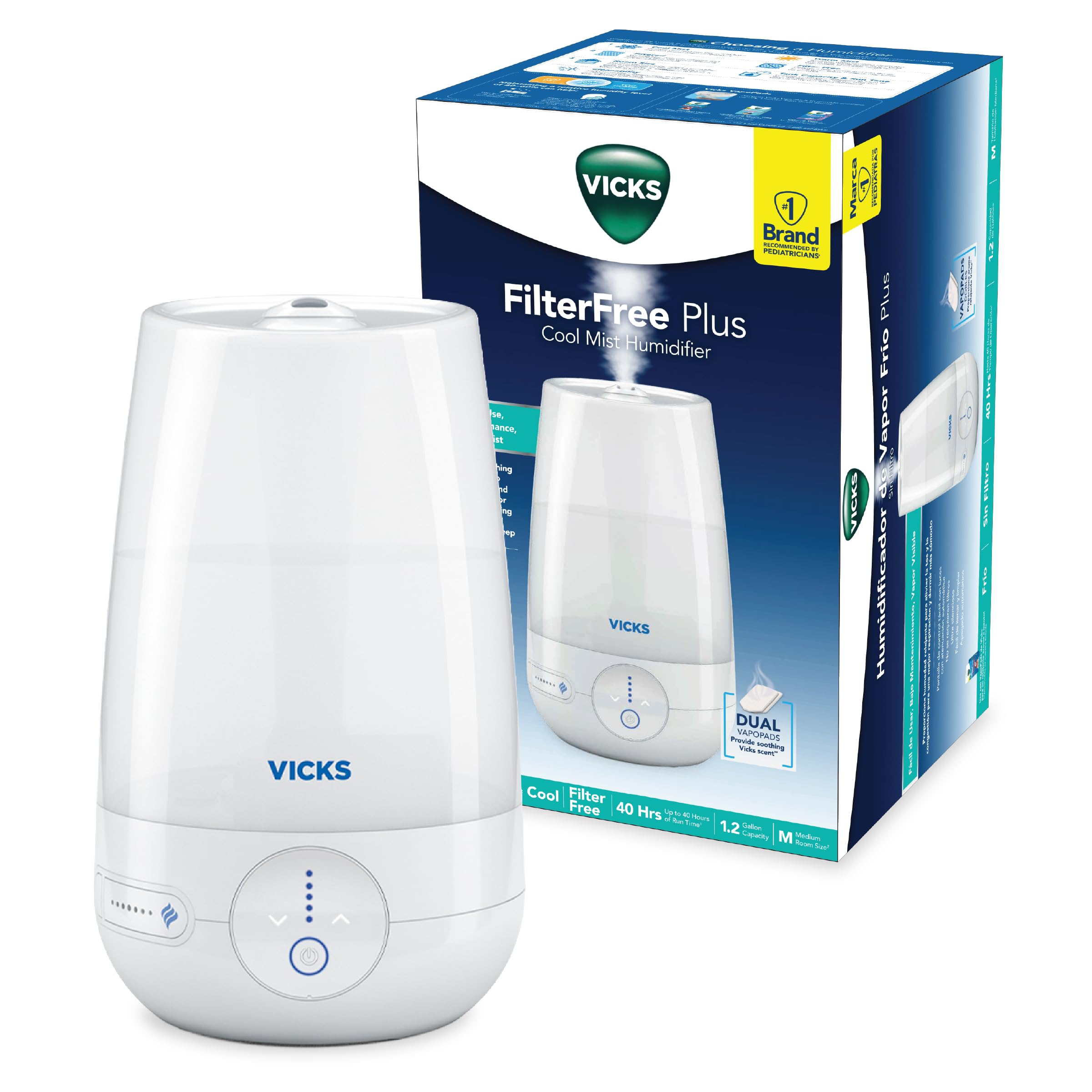 Vicks FilterFree Plus Cool Mist Plus Humidifier (VUL565), Medium Room –Filter-Free Cool Mist Humidifier for Baby, Kids and Adult Rooms, Works with Vicks VapoPads