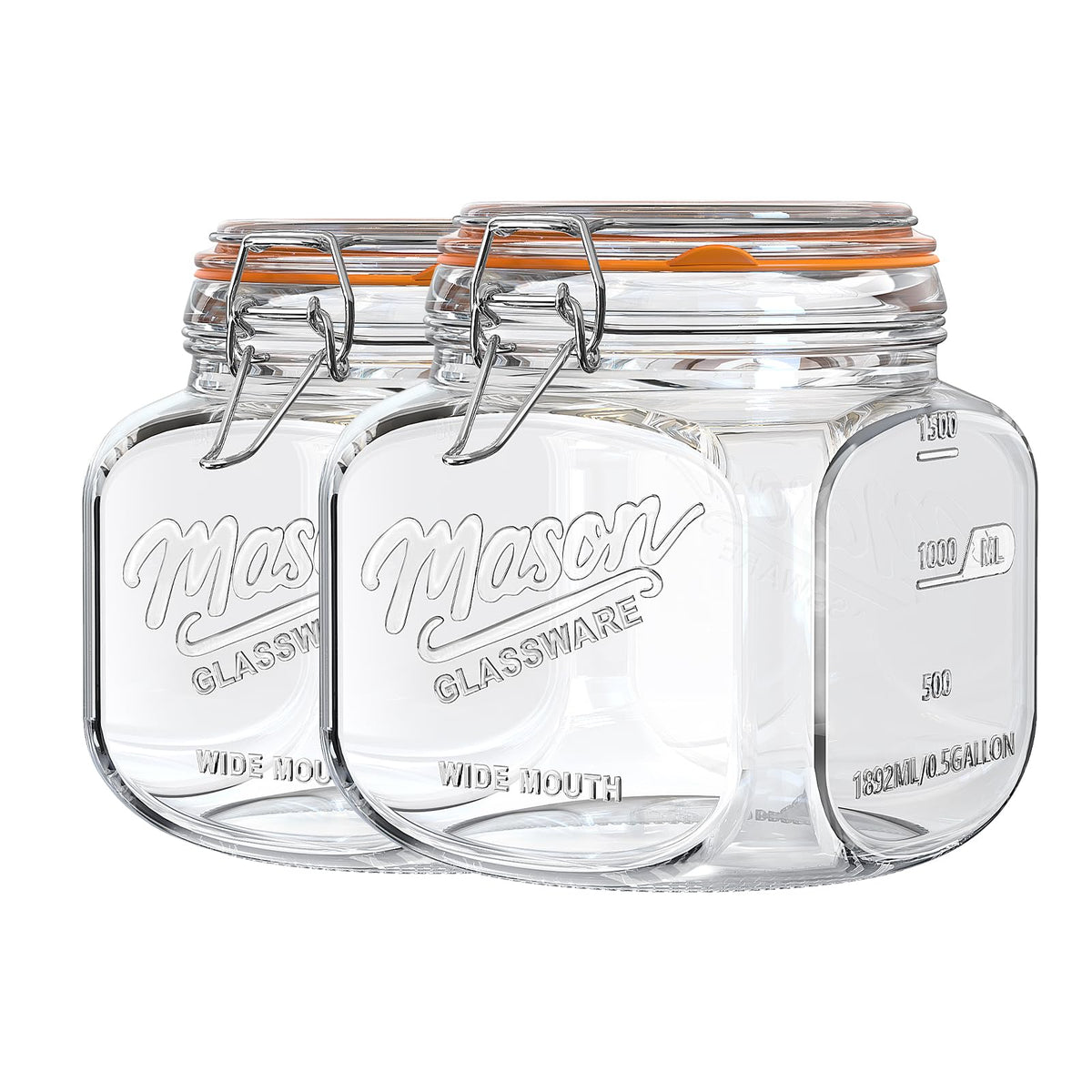 2 Pack Half Gallon Mason Jar with Hinged Lid, Wide Mouth Glass Canisters for Food Storage, Cookie, Flour, Candy, Coffee, Pickle - 64 Oz Glass Jar with Lid - 2 Scale Marks & Vintage Mason Jars