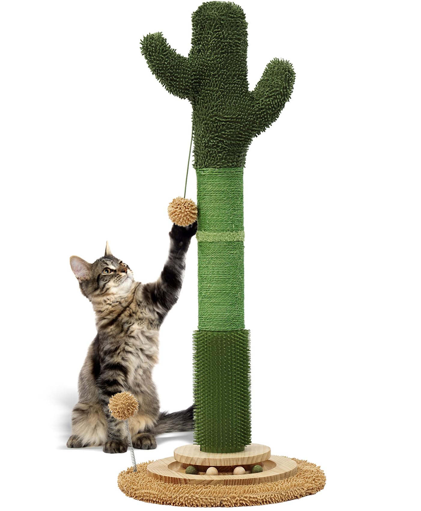 OTOB 36" Tall Cat Cactus Scratching Post, Natural Sisal Rope Cat Scratcher Post, Vertical 6-in-1 Interactive Turntable Cat Scratch Post with Soft Ball Toys, Protect Your Furniture (Green/Brown)