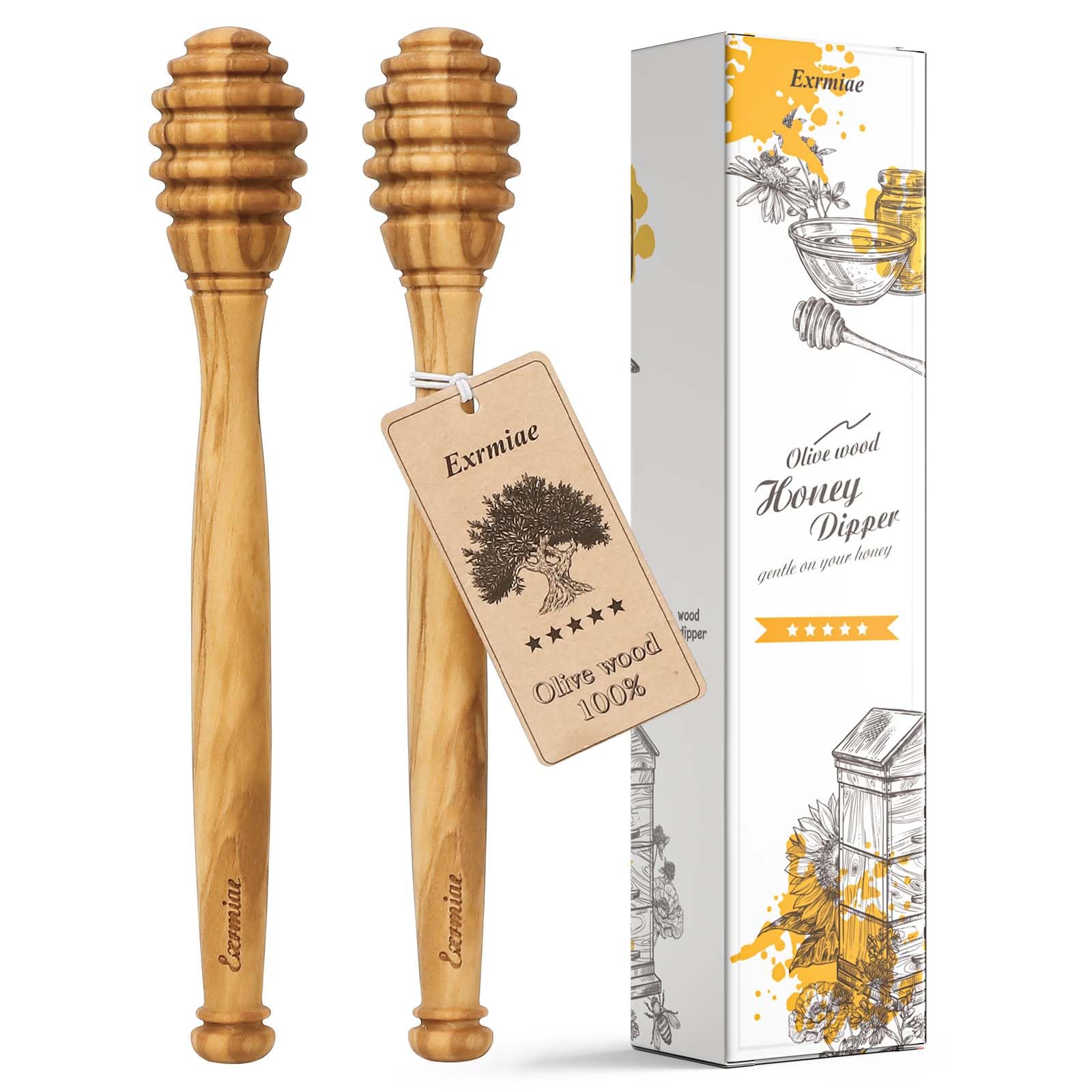 Olive Wood Honey Dipper/Stick Durable & Warp-Resistant, Preserves Honey Purity, 2pcs, 6.3 Inch
