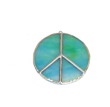 Blues and Greens Peace Sign Handmade Stained Glass Sun Catcher Ornament