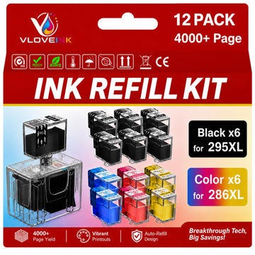 PG-295XL CL-286XL Ink Refill Kit for Canon PG-295 CL-286 PG-295XL CL-286XL Ink Cartridges Compatible for 295XL 286XL Compatible with TS4320 TS6520 TR7120 Printer Ink (12-Pack, 6BK/2C/2M/2Y)