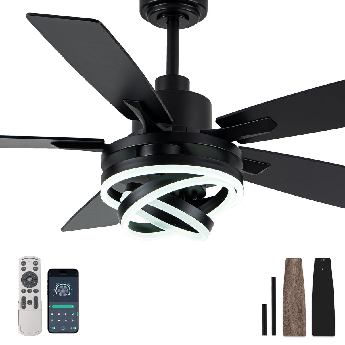 Bella Depot 52" Modern Black Ceiling Fan with Light and Remote, Chandelier Fan Light for Living Room Bedroom Office Indoor Patio