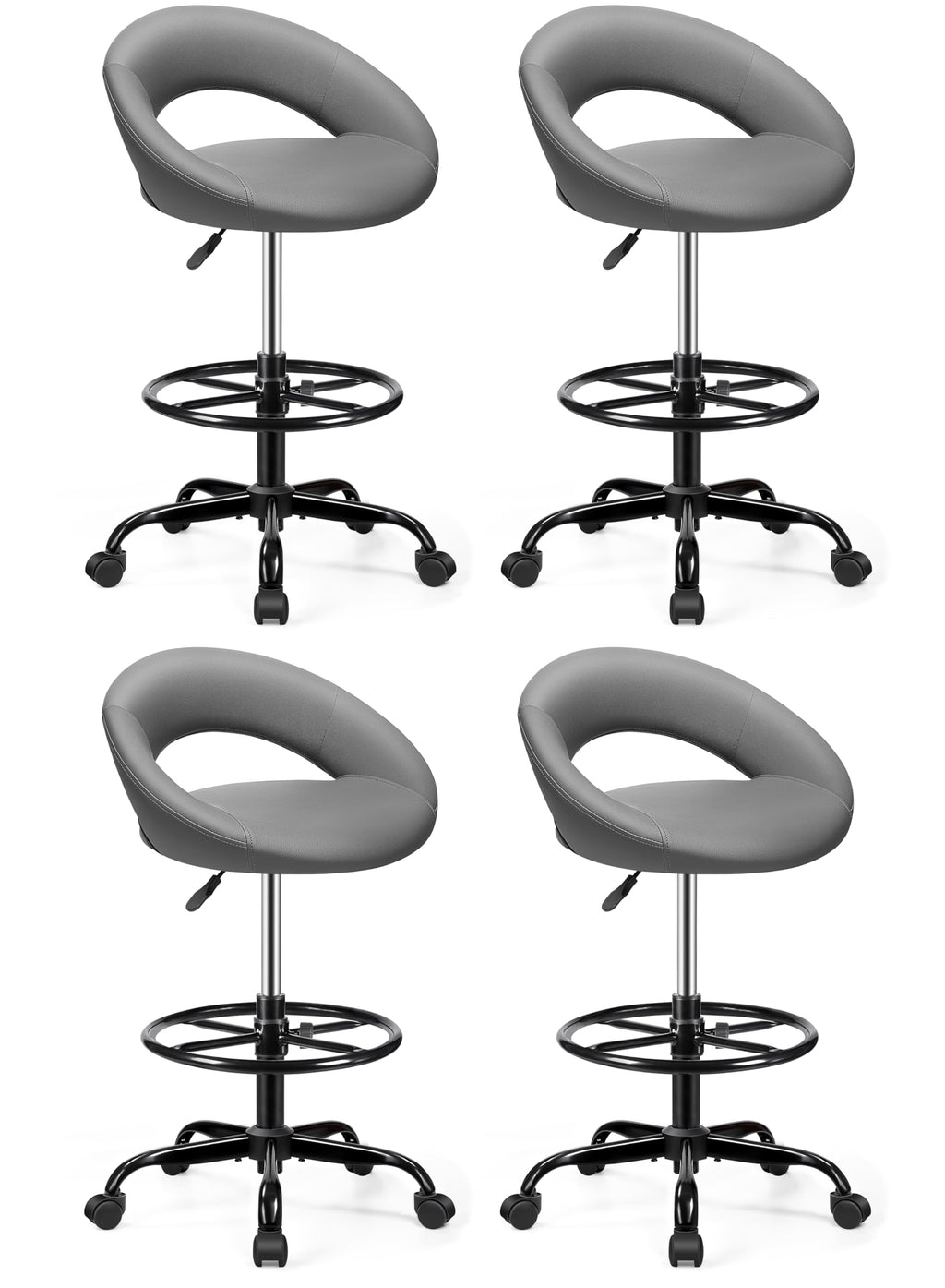 Bestfair Drafting Chair with Back, Height Adjustable Rolling Stool, Gray, 4 Pack, Grey