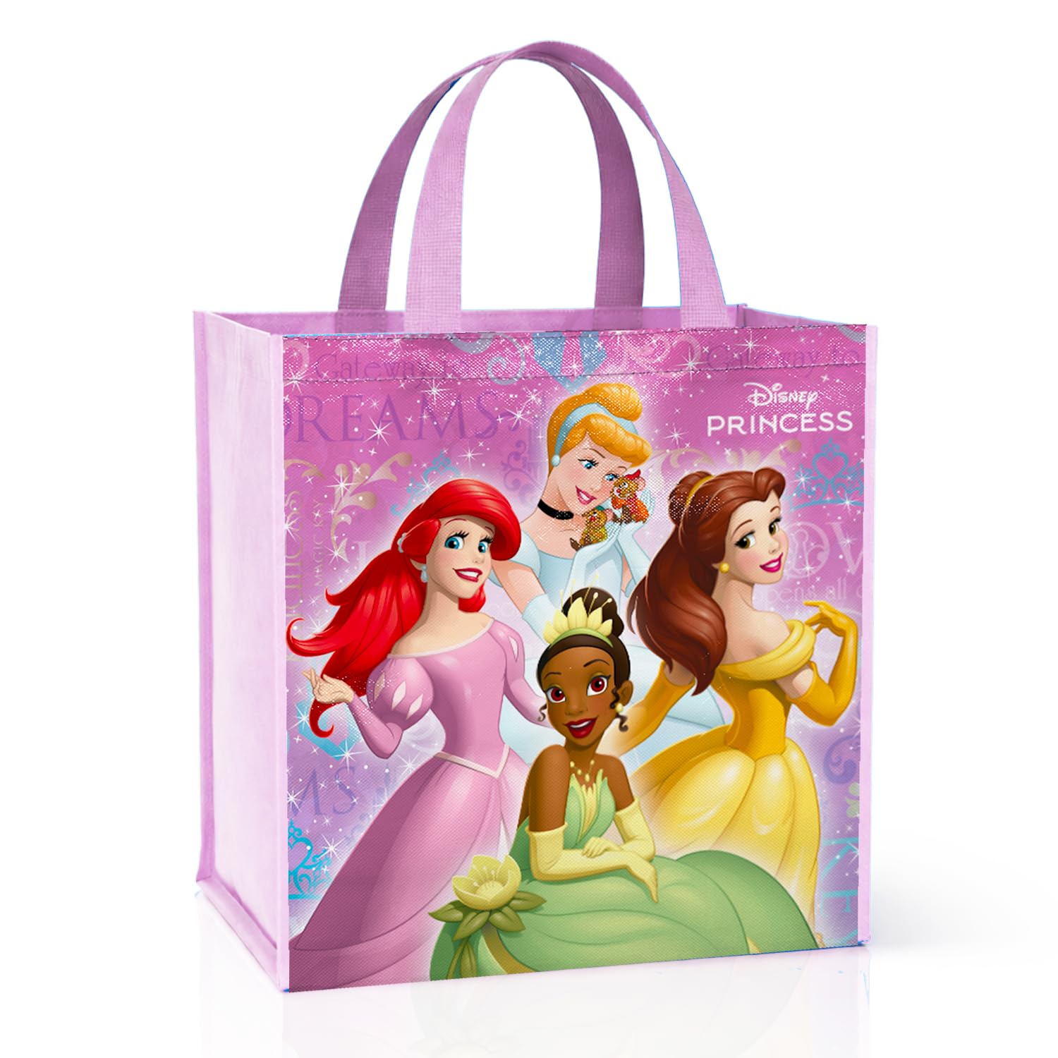 Disney Princess Tote Bag - Accessories Set with 15" Grocery Bag Featuring Ariel, Cinderella, Belle, Tiana, More | Double-Sided Disney Princess Reusable Bags Medium