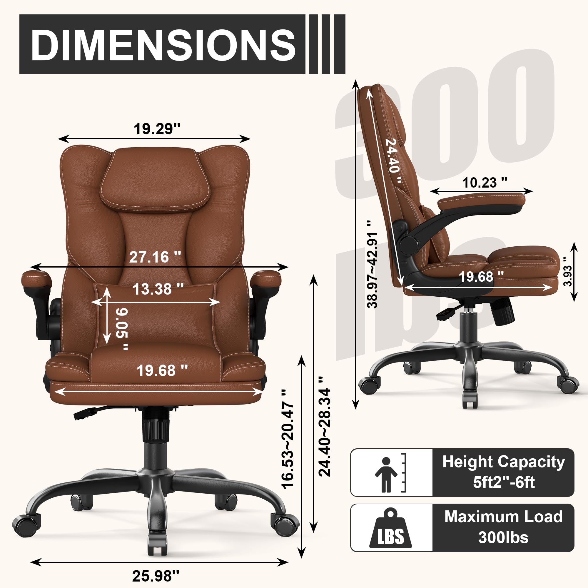Ergonomic Office Chair Flip Up Arms Lumbar Support Home Office Desk Chair, Middle, Brown