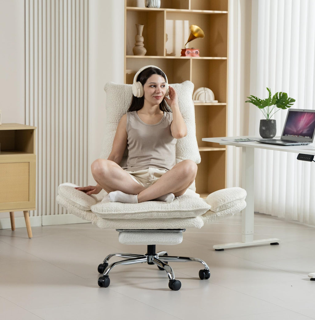 Criss Cross Office Chair, Flip Armrests for Pets & Cross Legged Sitting, 26.5' x 28.7'' x 45.28''(L x W x H), White Boucle