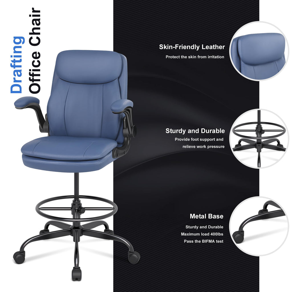 Misolant Leather Drafting Chair, Tall Office Chair for Standing Desk, High Executive Office Chair with Adjustable Height and Flip-up Armrest