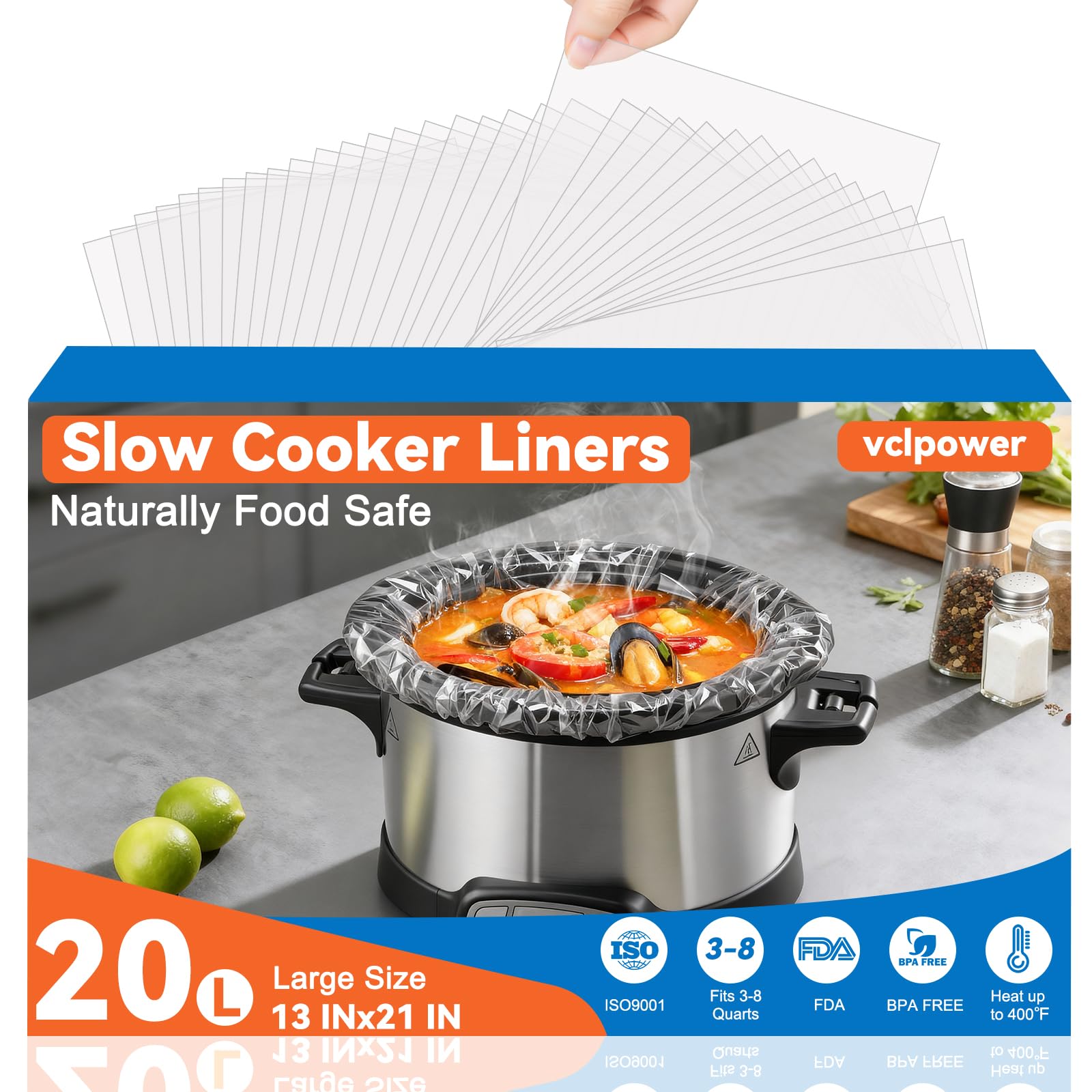20 Pack Slow Cooker Liners,Large Size Thickened FDA-Compliant & BPA-Free 13"x21"Disposable Cooking Bags, 400°F Heat-Resistant Leak-Proof Fit 3-8 Quart Oval & Round Pots