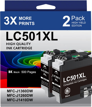 LC501XL Black Ink Cartridges Compatible for Brother LC501xl Ink Cartridge | Compatible with MFC-J1360DW MFC-J1260W MFC-J1410DW Printer (2 Black)