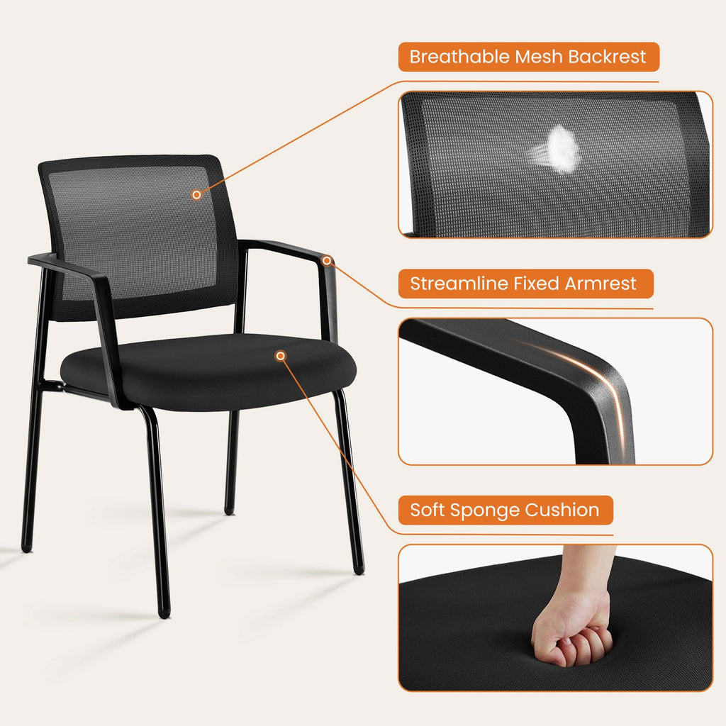 Mesh Back Stacking Arm Chairs, Office Reception Guest Chair with Upholstered Fabric Seat and Ergonomic Lumber Support, Sturdy Metal Office
