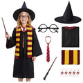 Wizard Costume for Kids 3-15, Wizard Robe Set with Wand, Tie, Scarf, Hat & Glasses, Halloween Cosplay Outfit