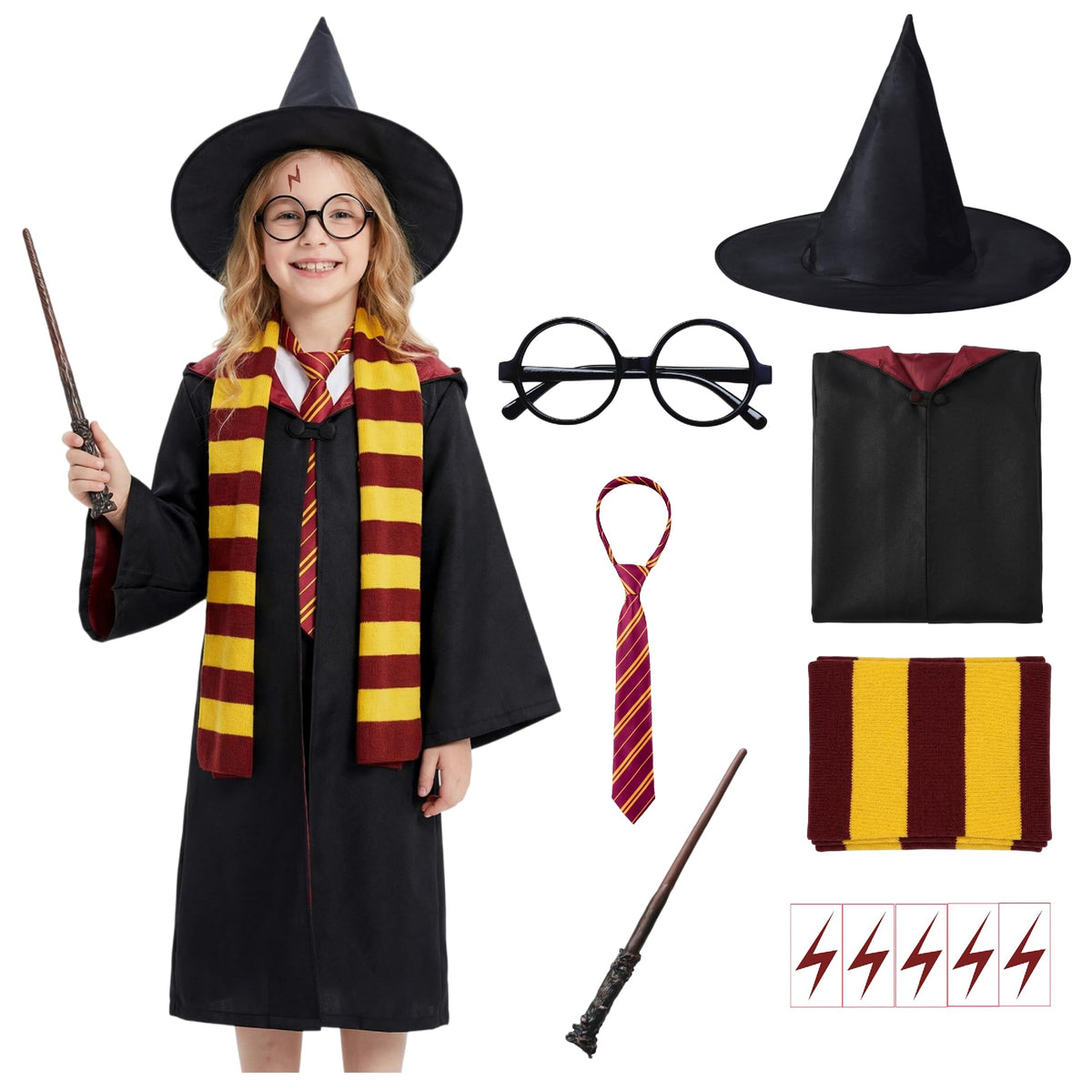 Wizard Costume for Kids 3-15, Wizard Robe Set with Wand, Tie, Scarf, Hat & Glasses, Halloween Cosplay Outfit