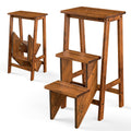 Costzon Folding 3 Step Stool, 3 in 1 Wooden Step Ladder with Handle, Non-slip Pedal, Multifunctional Storage Shelf, Flower Rack for Kitchen,