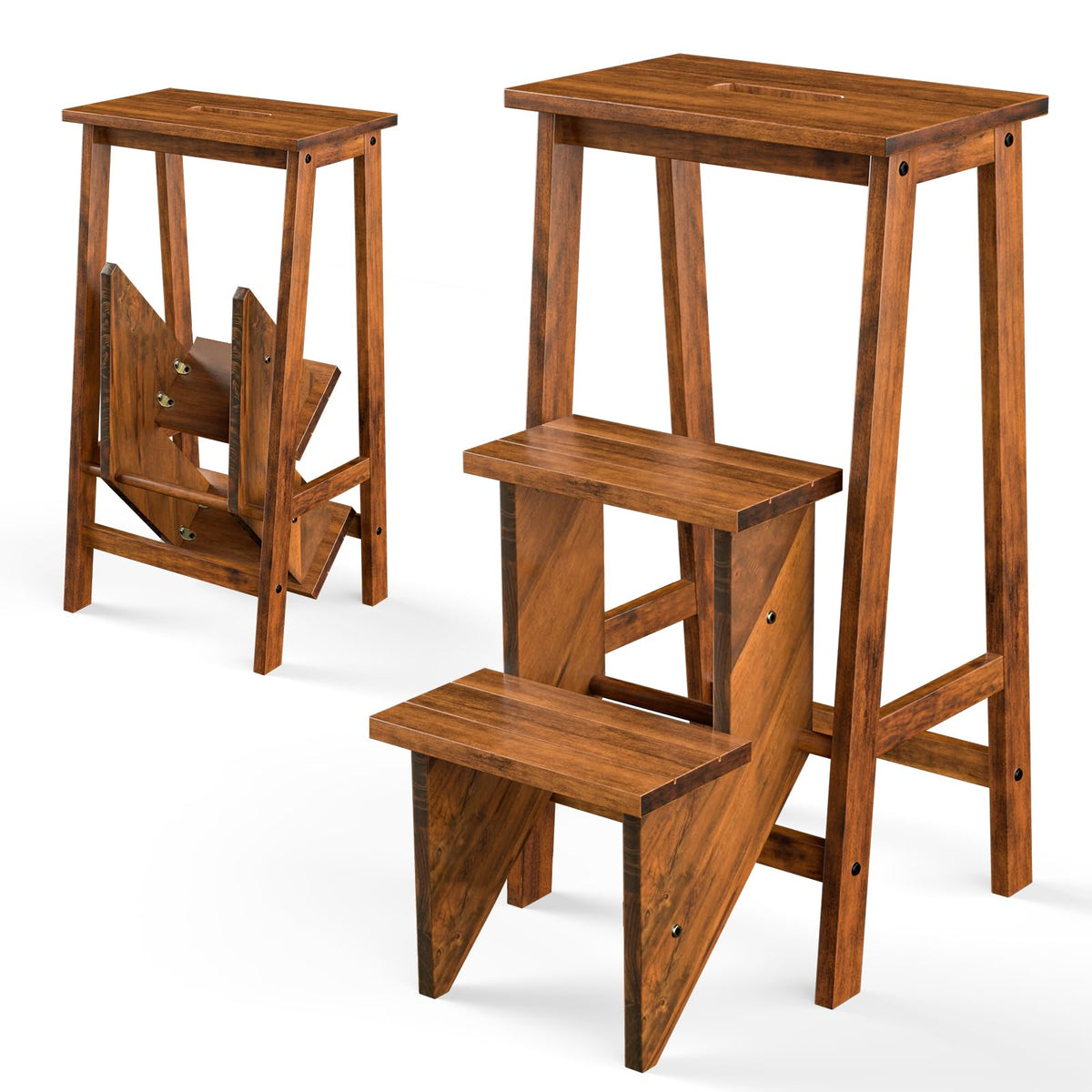 Costzon Folding 3 Step Stool, 3 in 1 Wooden Step Ladder with Handle, Non-slip Pedal, Multifunctional Storage Shelf, Flower Rack for Kitchen,