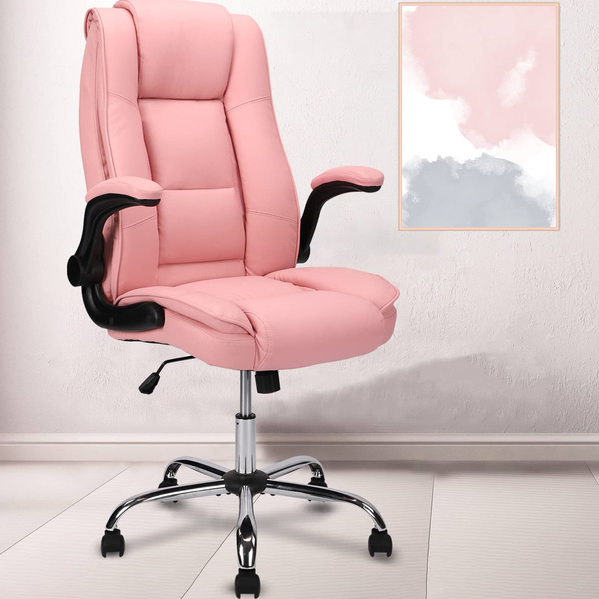 Reficcer Executive Office Chair with Flip-up Arms, High Back Leather Office Desk Chairs with Wheels, 90°-120° Rocking Ergonomic Lumbar Support