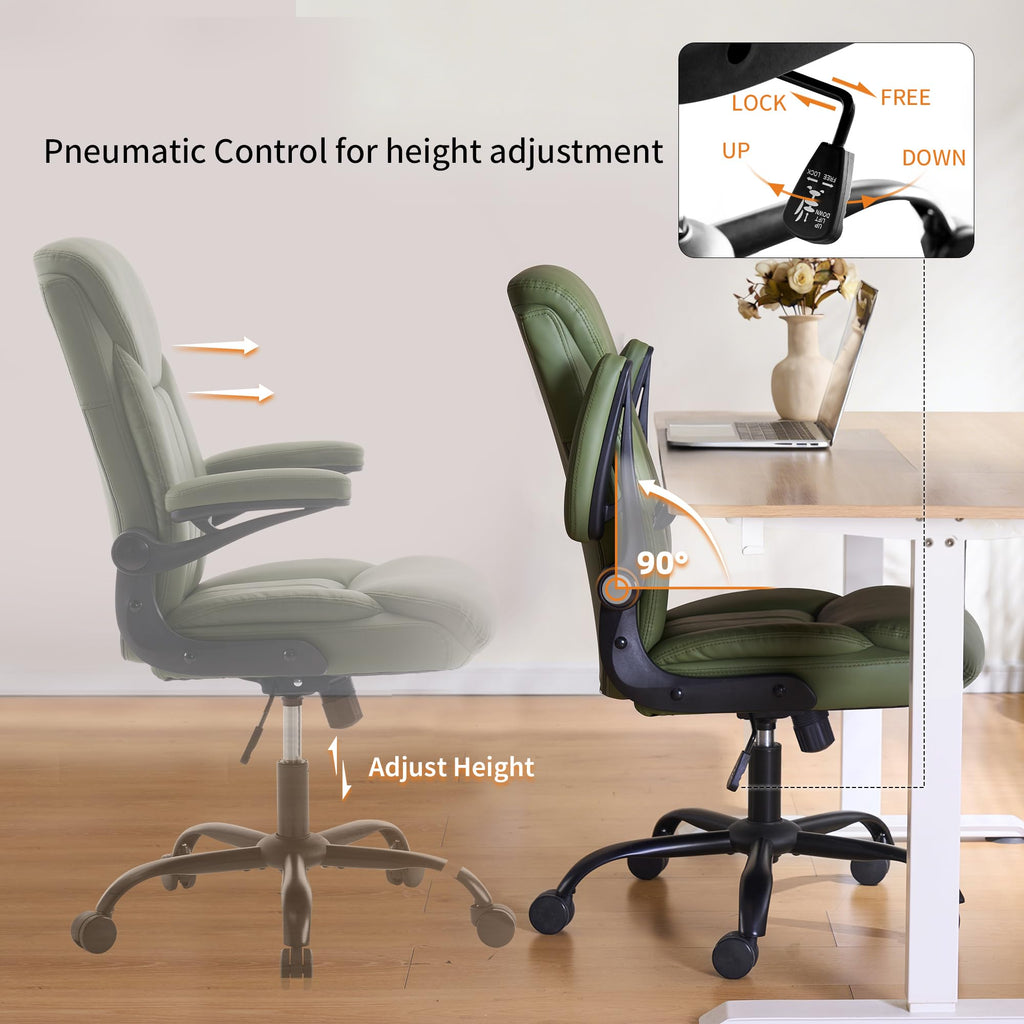 Fmolat Ergonomic Home Office Chair Pu Leather Comfy Computer Chair, Green, 19.7"W x 19.5"D x 39"-42"H